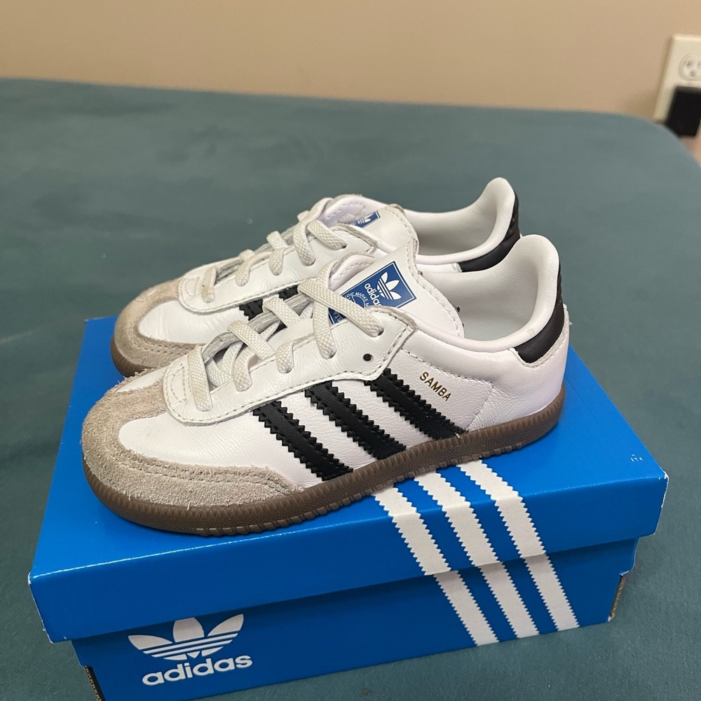 adidas Kids Samba Sneakers in White/Black with Gum Sole